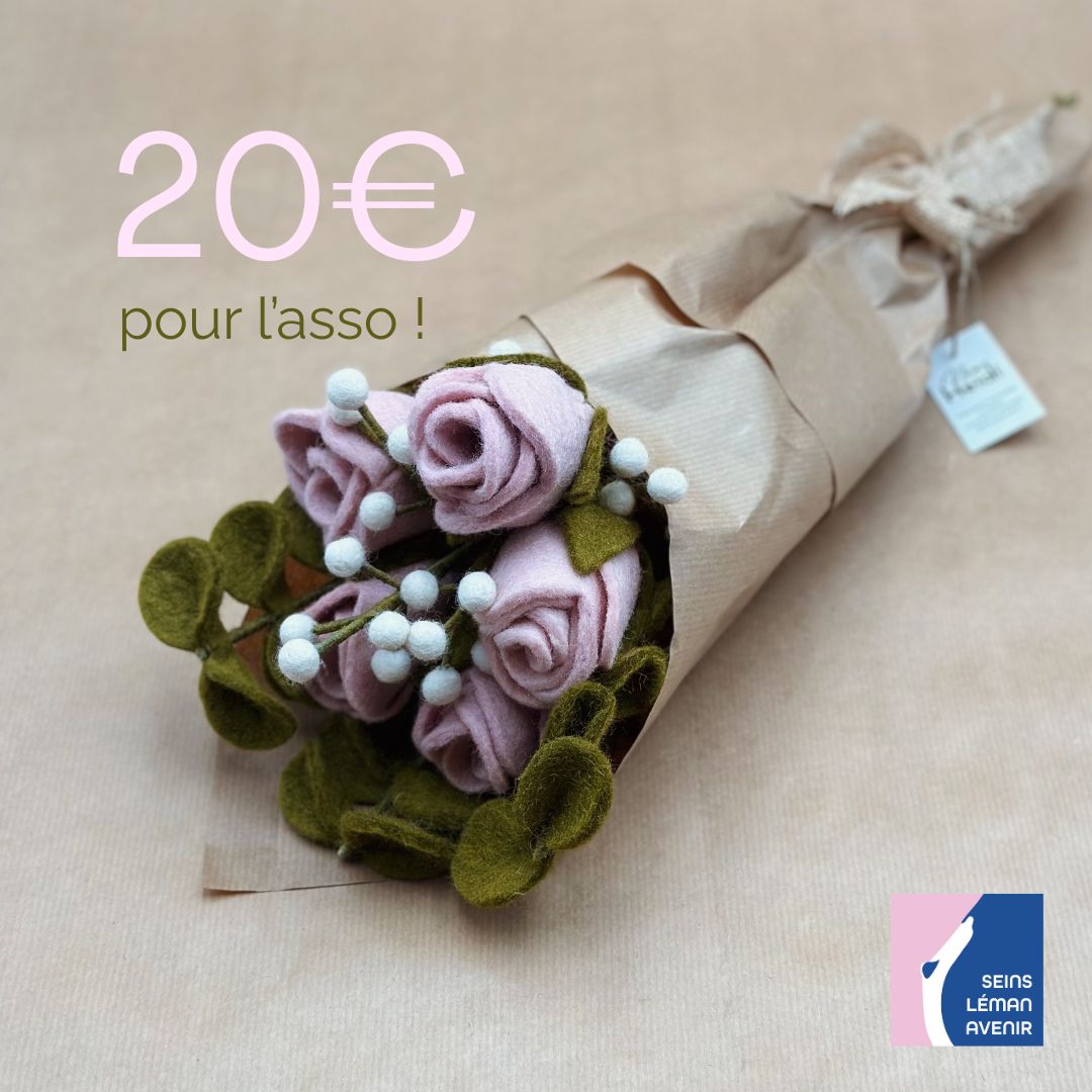 Bouquet solidaire 6 â 5 roses, 3 eucalyptus, 1 gypsophile en feutre đč
