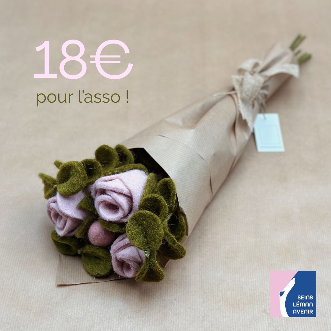 Bouquet solidaire 5 – 3 roses, 3 eucalyptus, 1 bouton de rose en feutre 🌹
