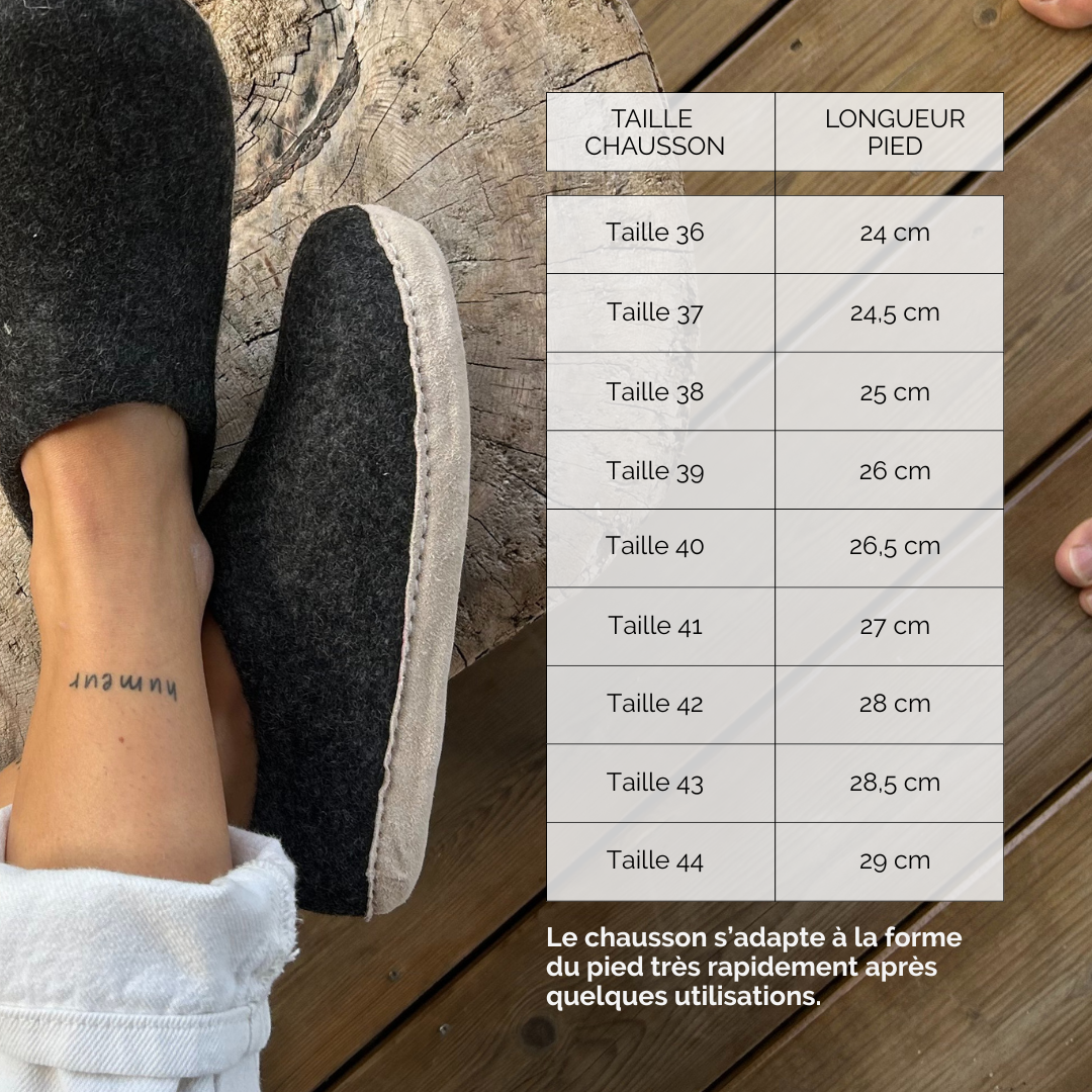 Chausson en feutrine, semelle en cuir