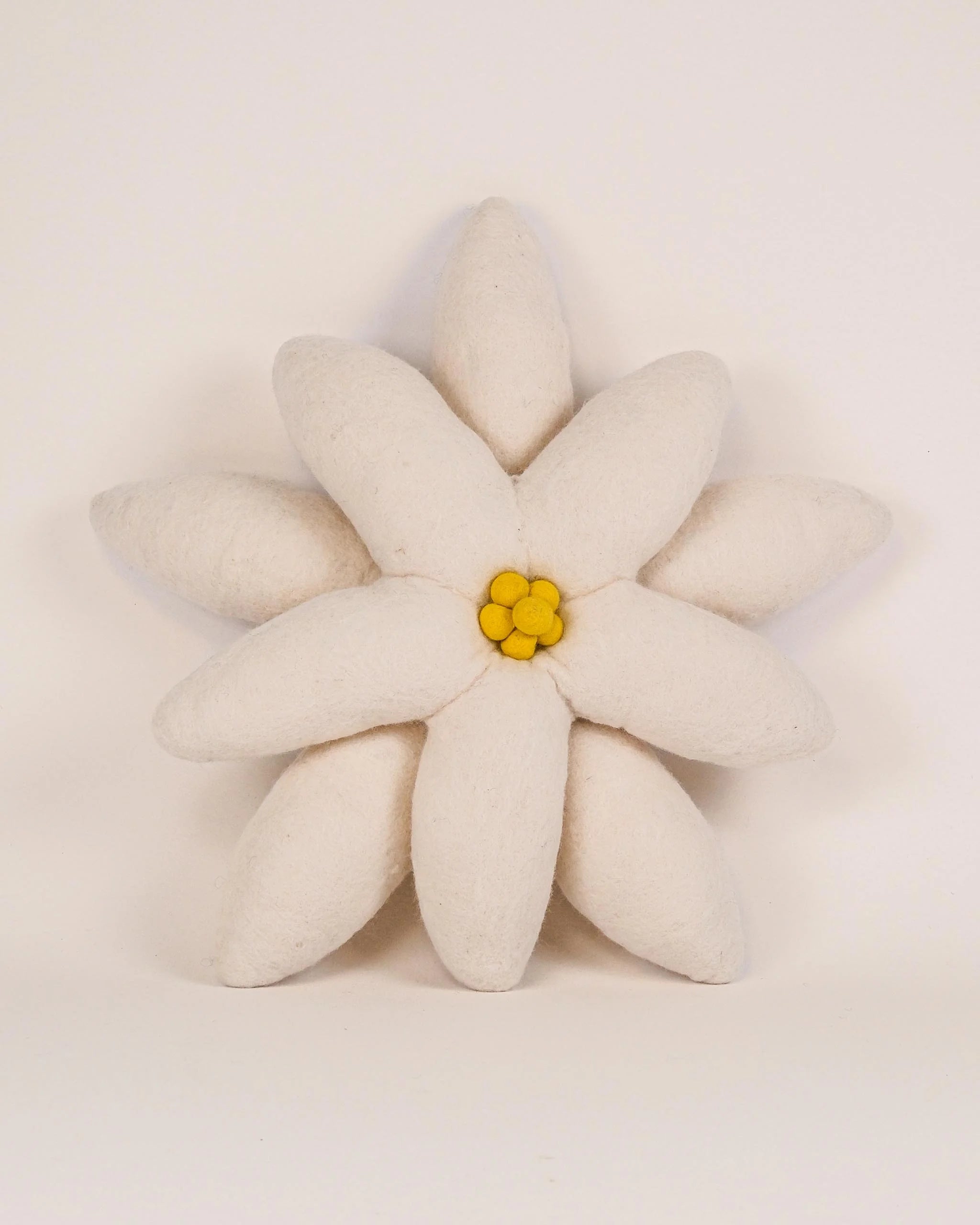 Coussin décoratif Edelweiss en feutrine sur fond blanc.
