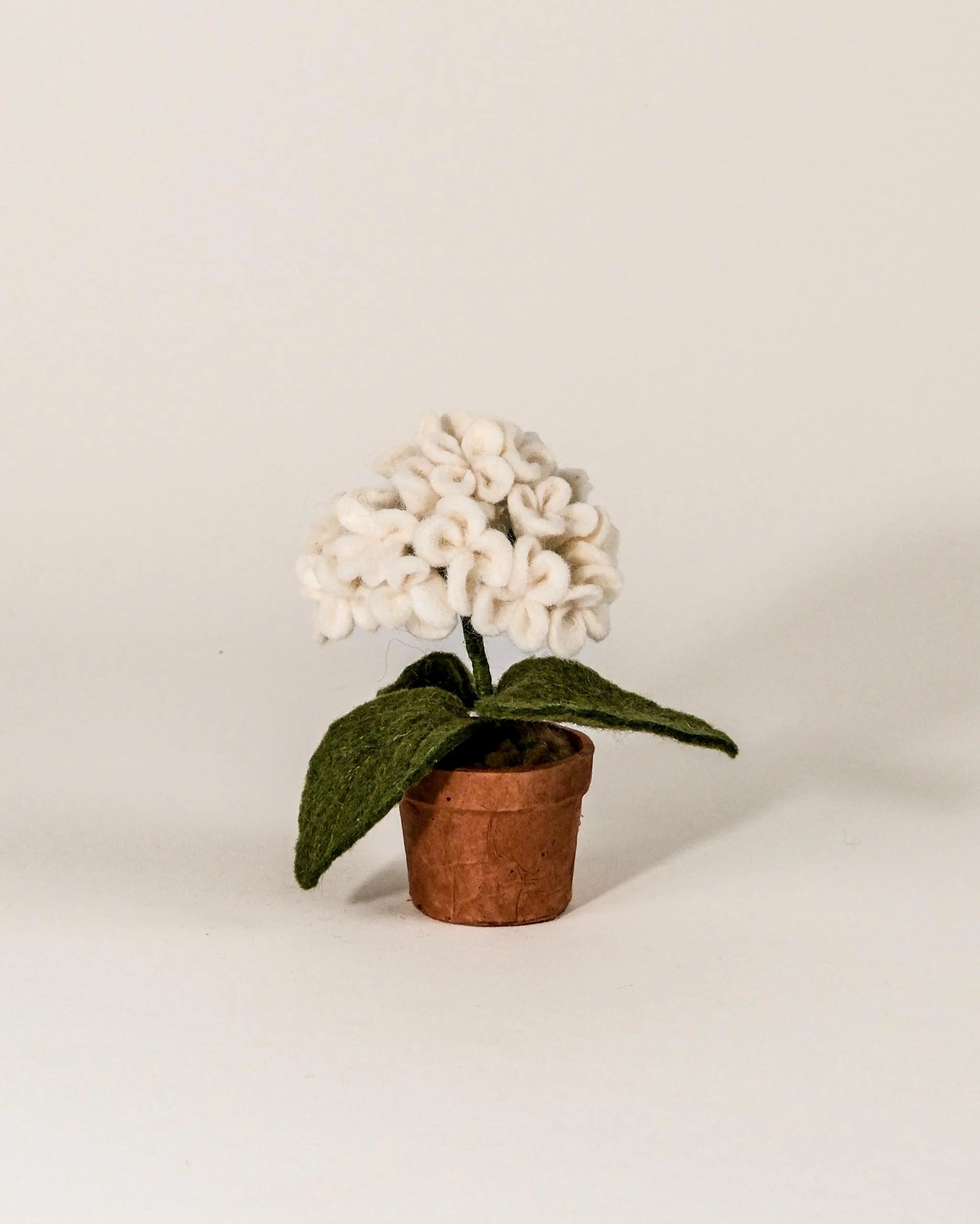 Petite hortensia en feutrine dans un pot sur fond blanc.