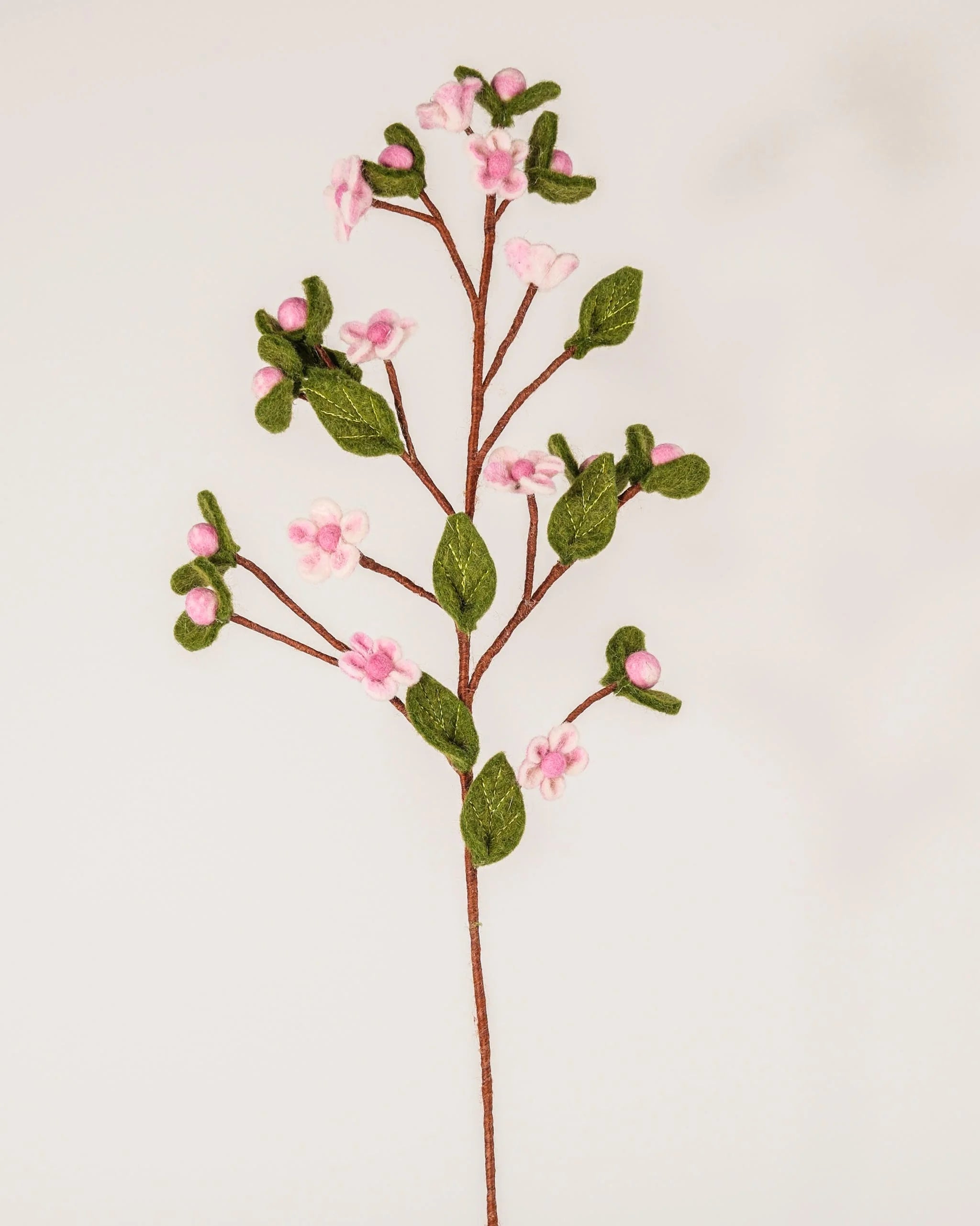 Photo d'une fleurs de pommier en feutrine sur un fond blanc style photo packshot.