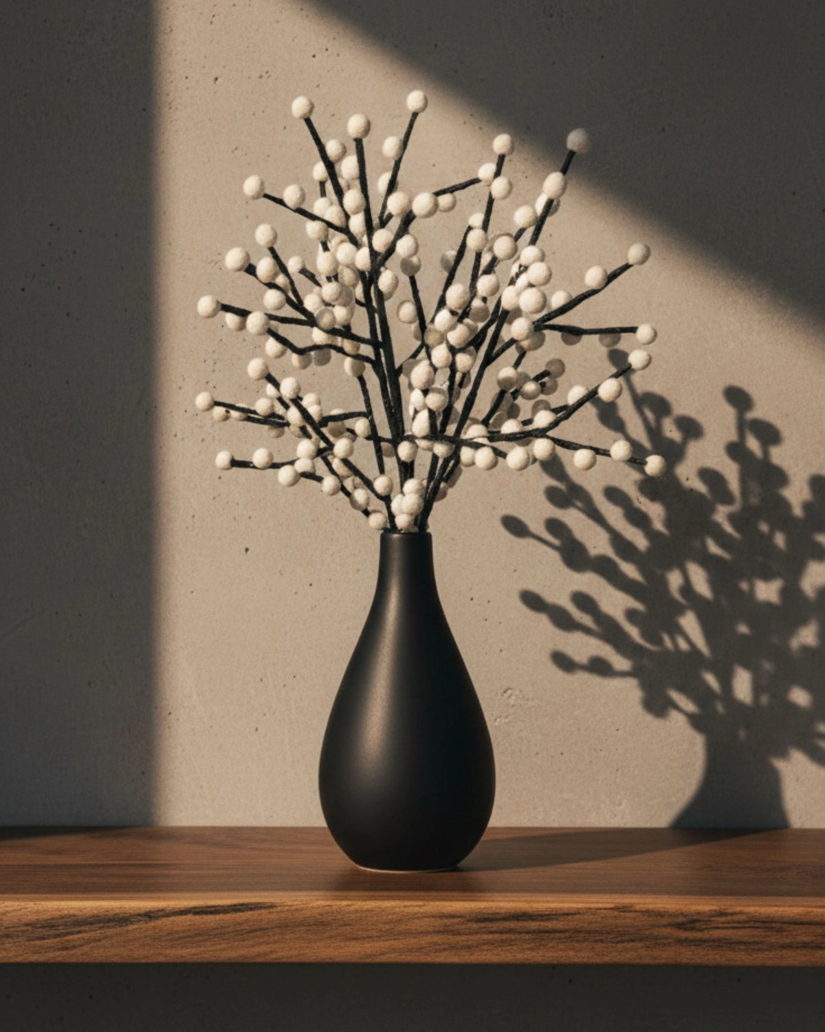 Bouquet de branches de baies blanche branche foncé dans un vase noir sur une étagère.