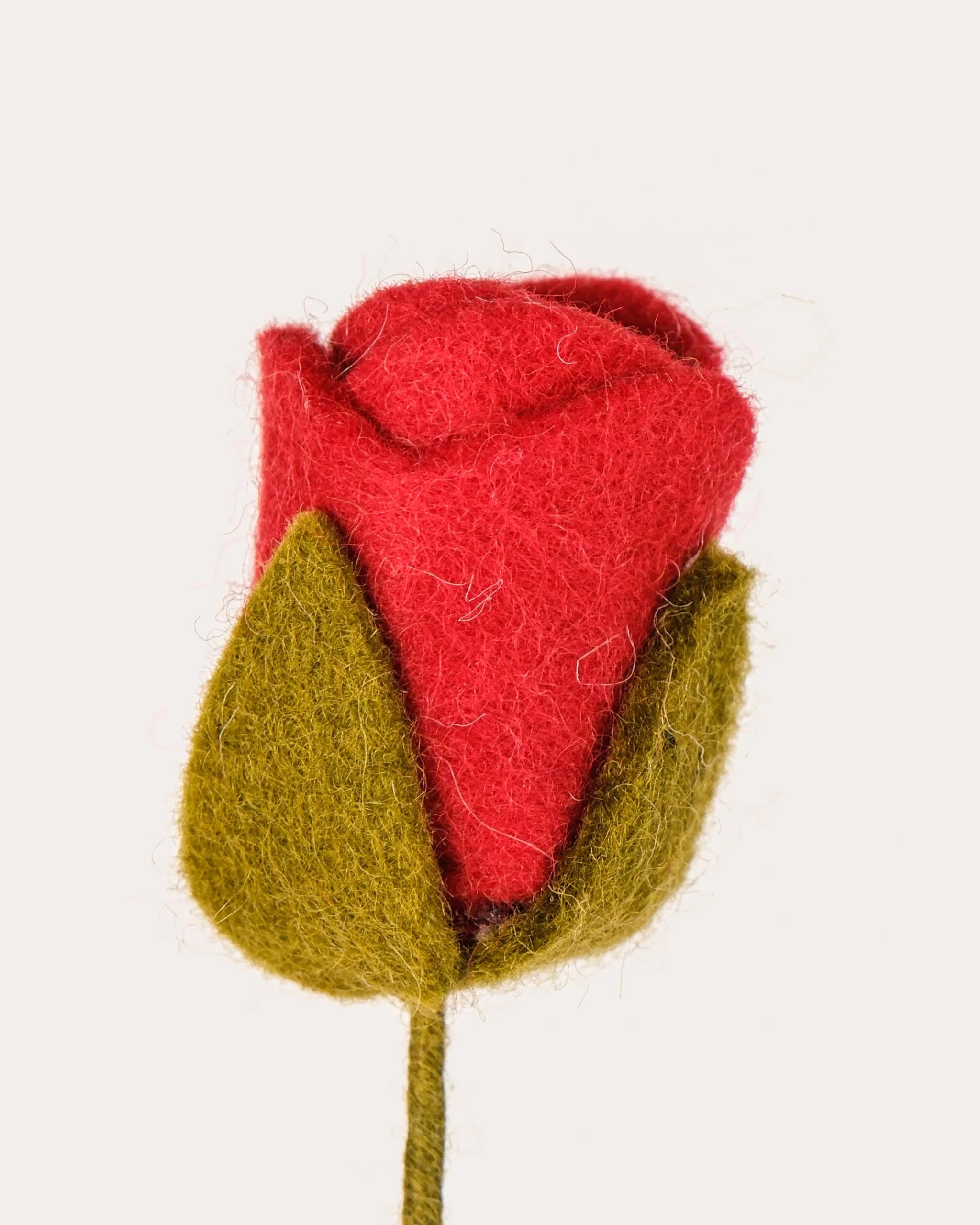 Photo zoom d'une rose rouge en feutrine sur un fond blanc.