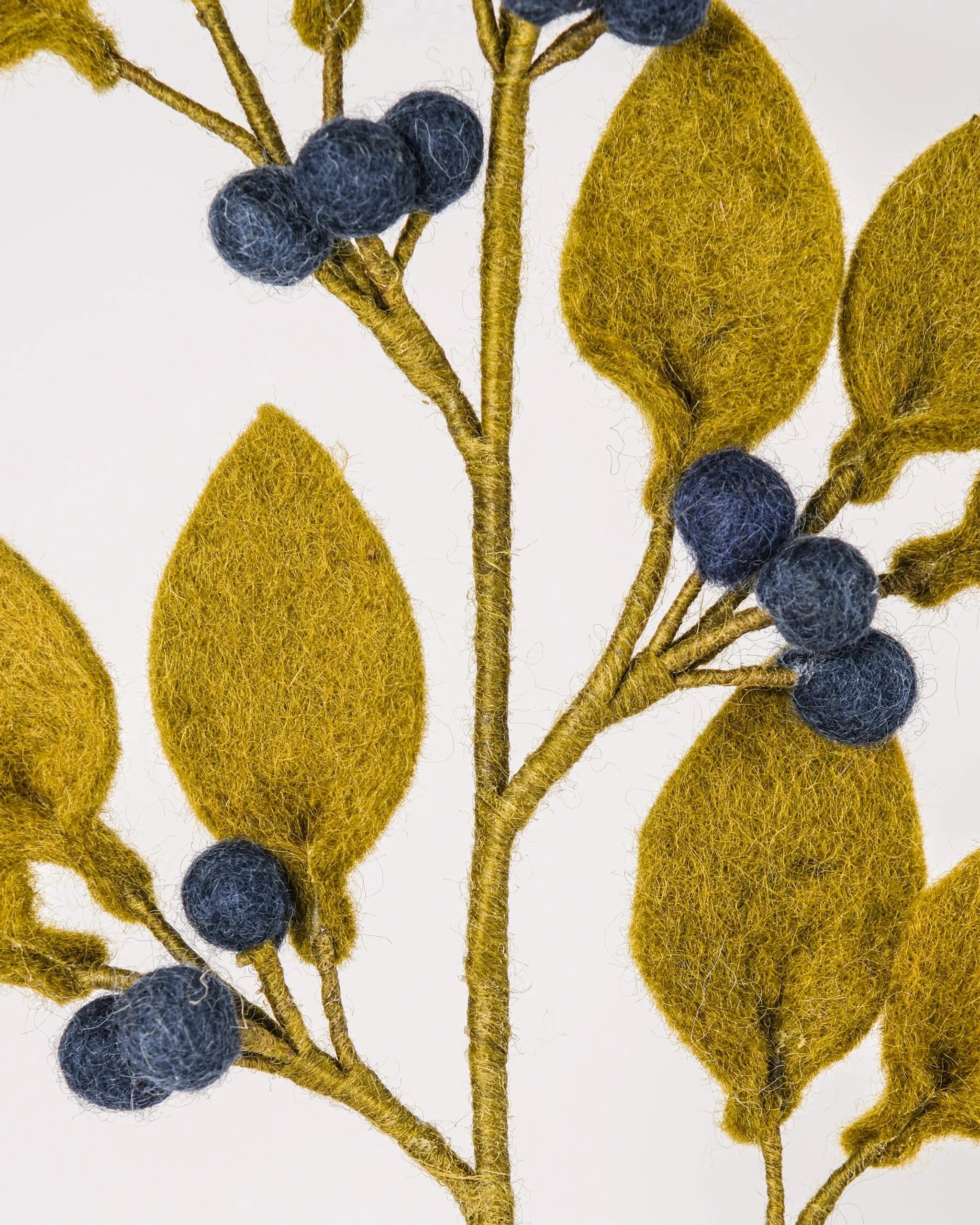 Photo zoom d'une branche de myrtille en feutrine sur un fond blanc.