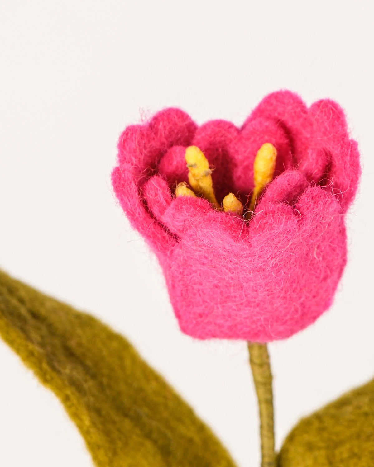 Photo zoom d'une tulipe rose en feutrine sur un fond blanc style photo packshot.