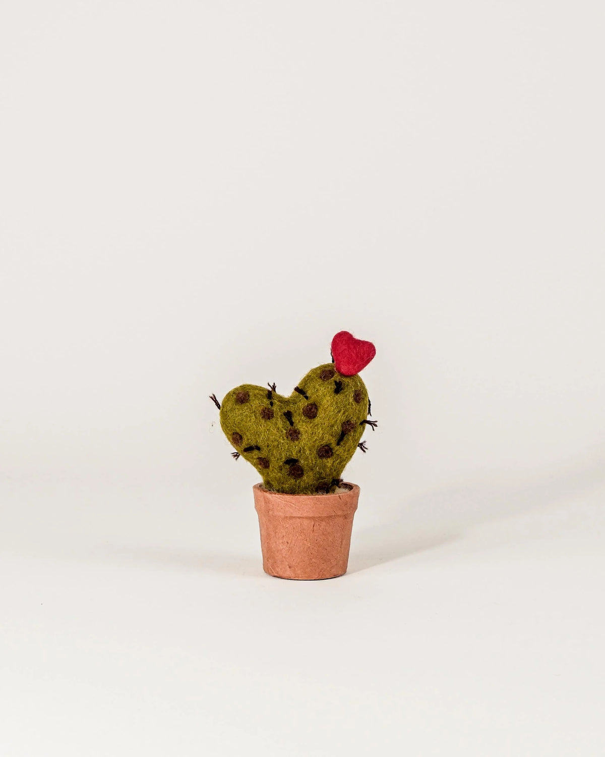 Petit cactus dans un pot sur fond blanc en forme de coeur.