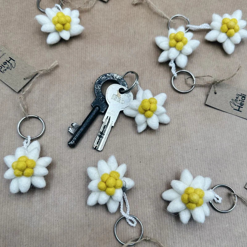 Groupe de porte-clés Edelweiss New Heidi en laine, fabrication artisanale et solidaire.