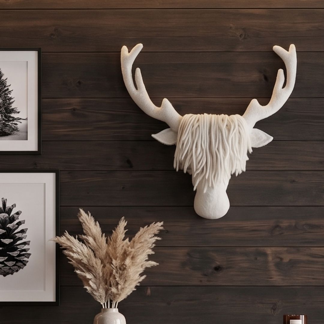 Trophée tête de cerf blanc en laine feutrée suspendu au-dessus d'un meuble en bois dans un salon style chalet scandinave.