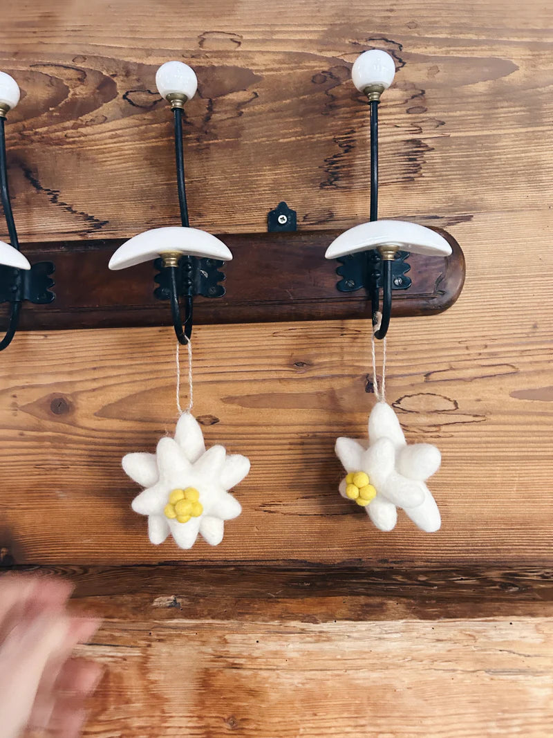 Fleurs d'edelweiss suspendues à un porte-manteau rustique pour une décoration montagne chic.