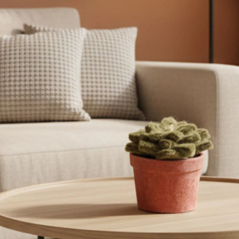 Succulente en feutrine New Heidi disposée sur une table basse en bois pour une décoration intérieure zen et épurée.