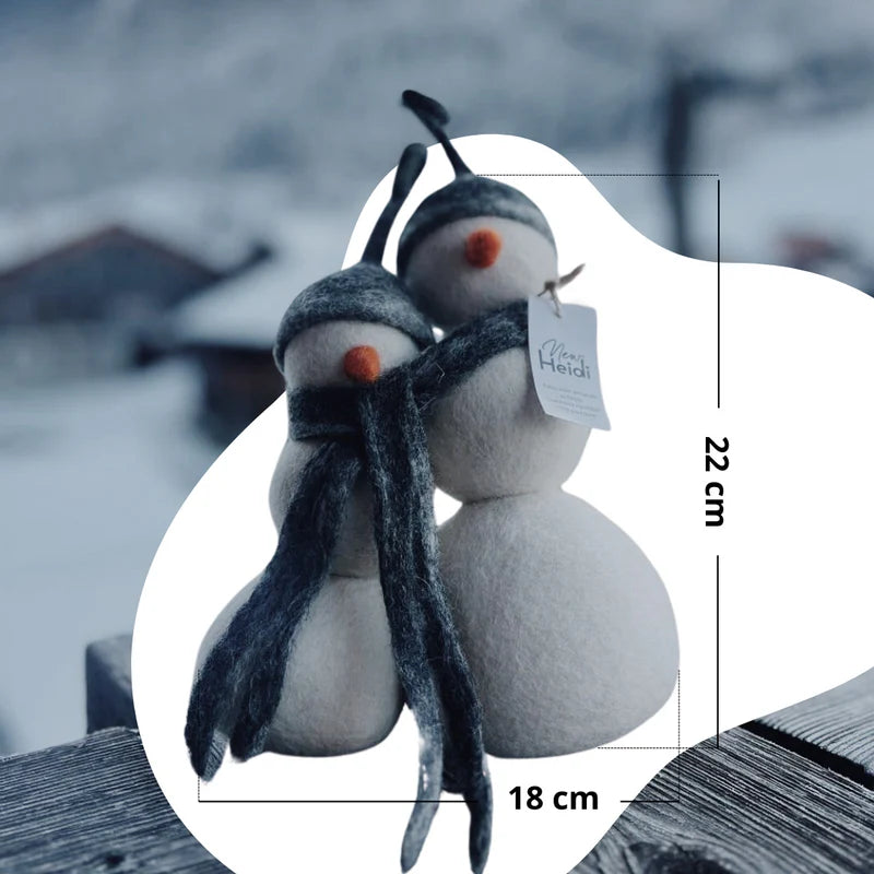 Guide des dimensions pour le bonhomme de neige double New Heidi : 22 cm de hauteur par 18 cm de largeur.