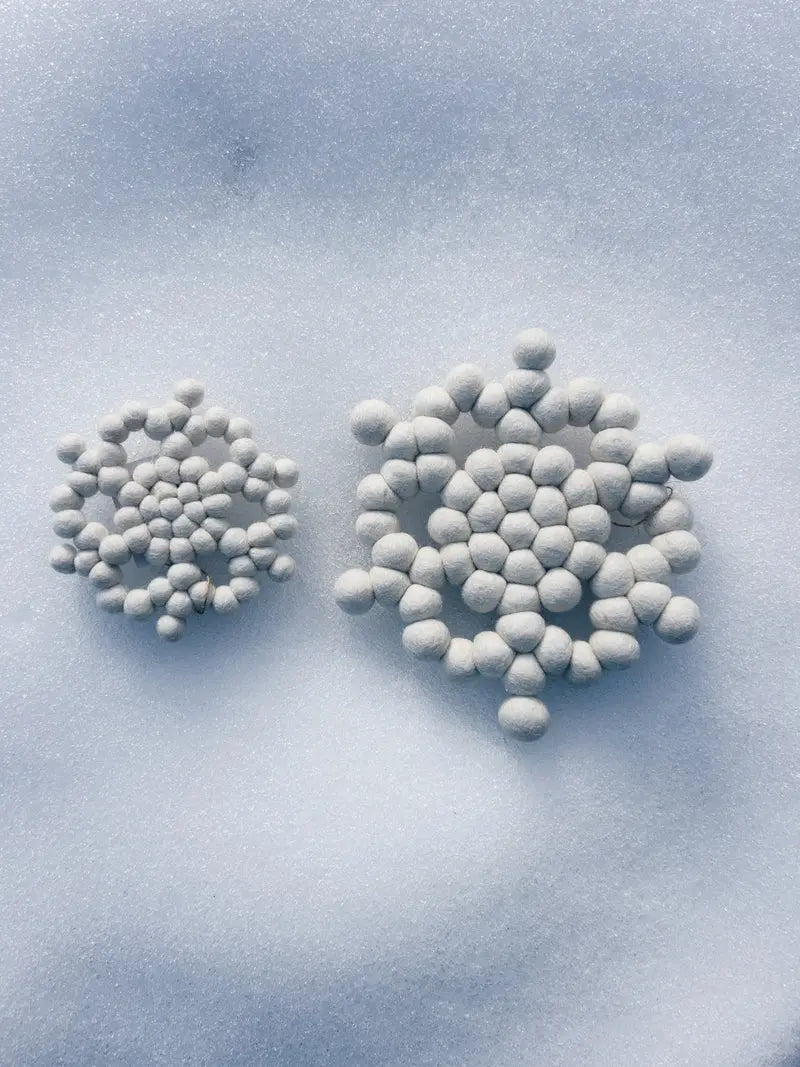 Set de deux sous-verres New Heidi en forme de flocon de neige en boules de feutrine posés dans la neige.