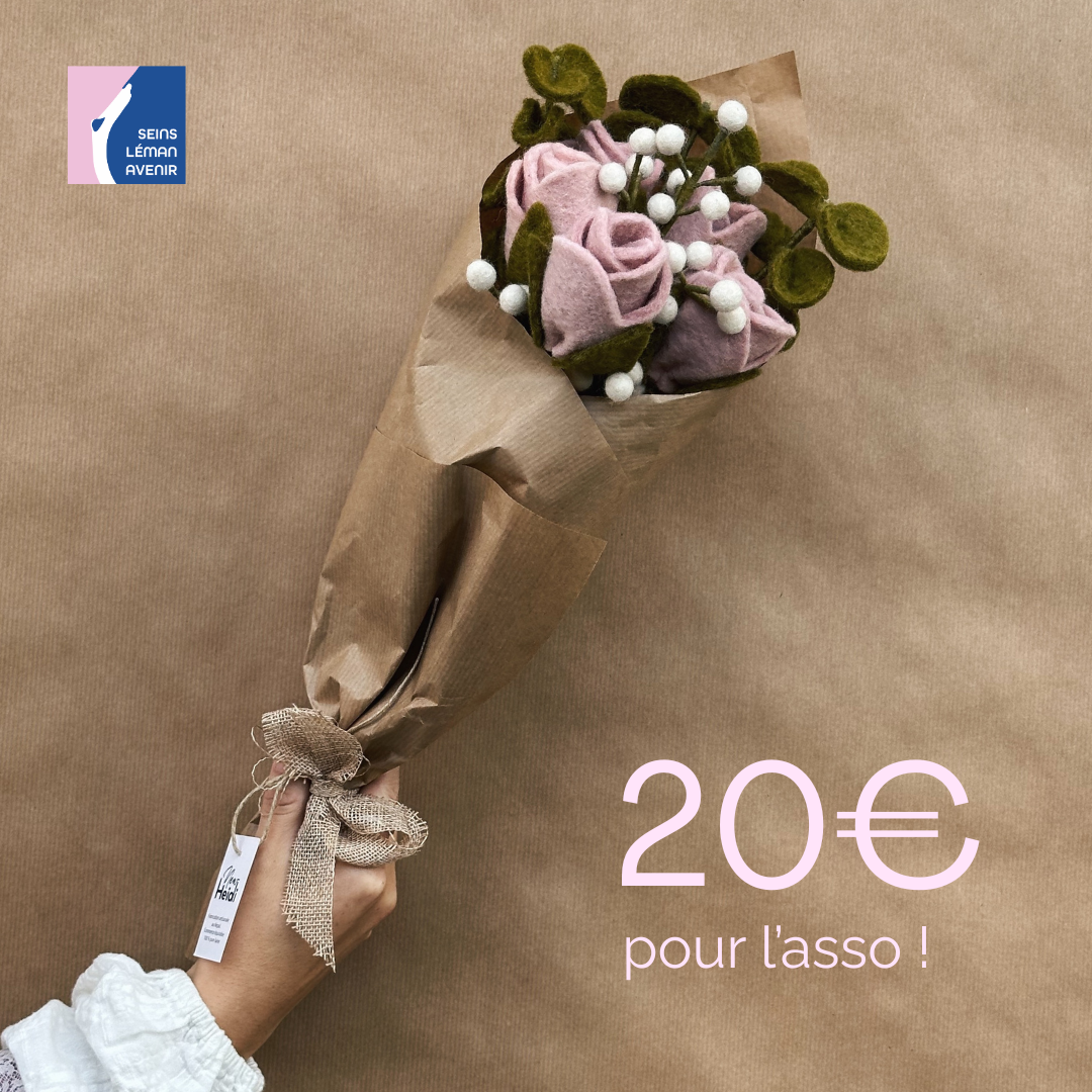 Bouquet solidaire 6 – 5 roses, 3 eucalyptus, 1 gypsophile en feutre 🌹