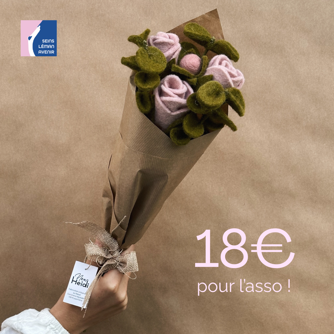 Bouquet solidaire 5 – 3 roses, 3 eucalyptus, 1 bouton de rose en feutre 🌹