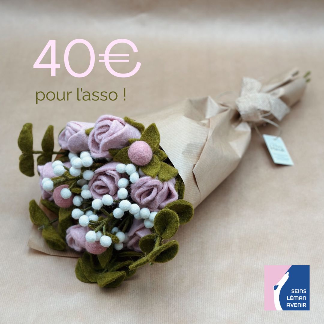 Bouquet solidaire 7 – 7 roses, 3 boutons, 2 gypsophiles, 4 eucalyptus en feutre 🌹