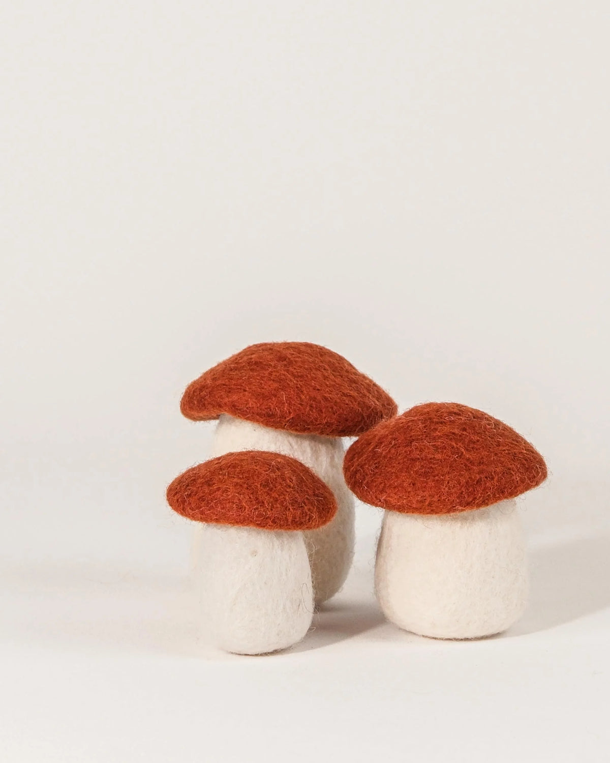 Champignon rouille en feutrine sur un fond blanc détail zoom matière.