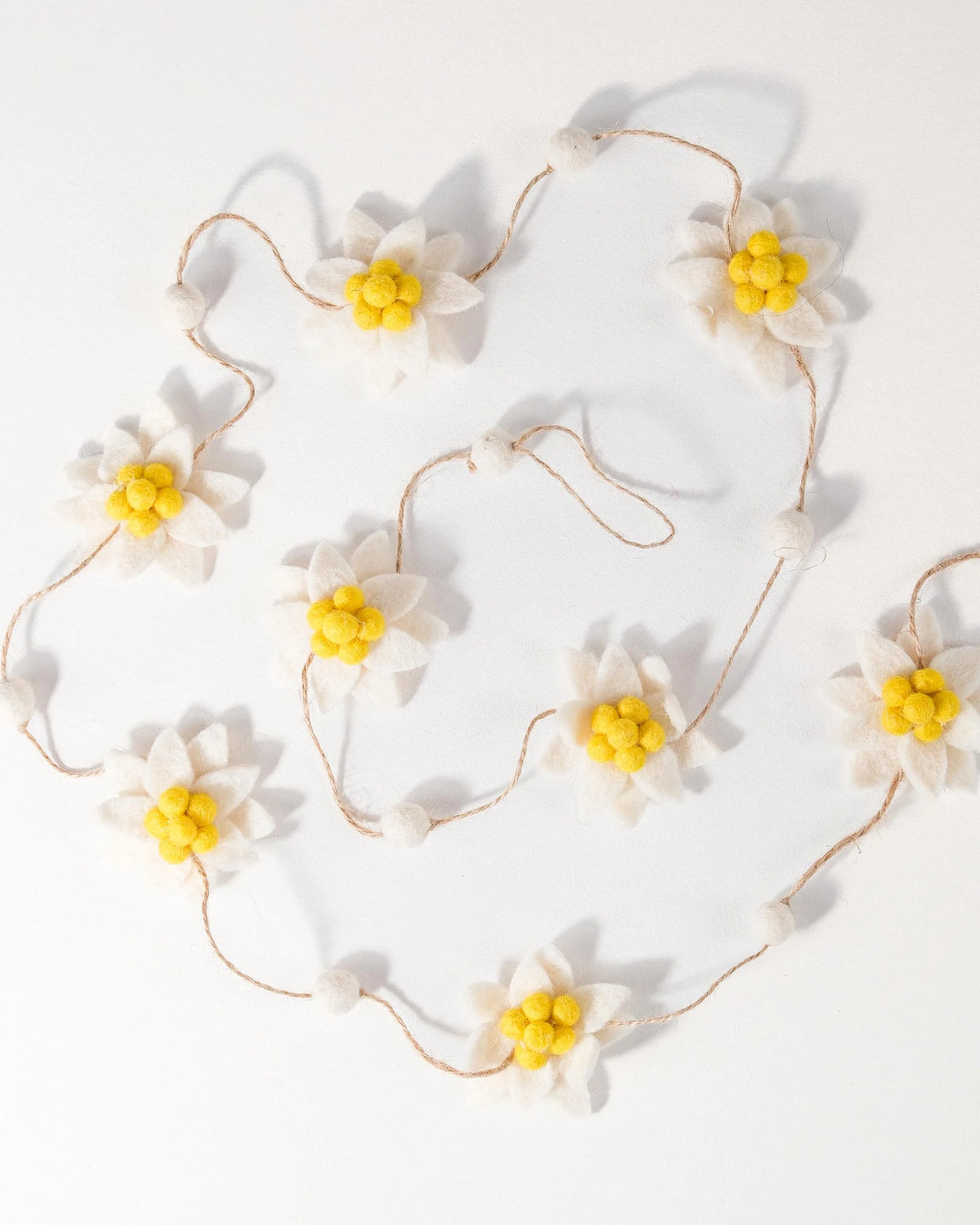Guirlande edelweiss en feutrine sur un fond blanc.