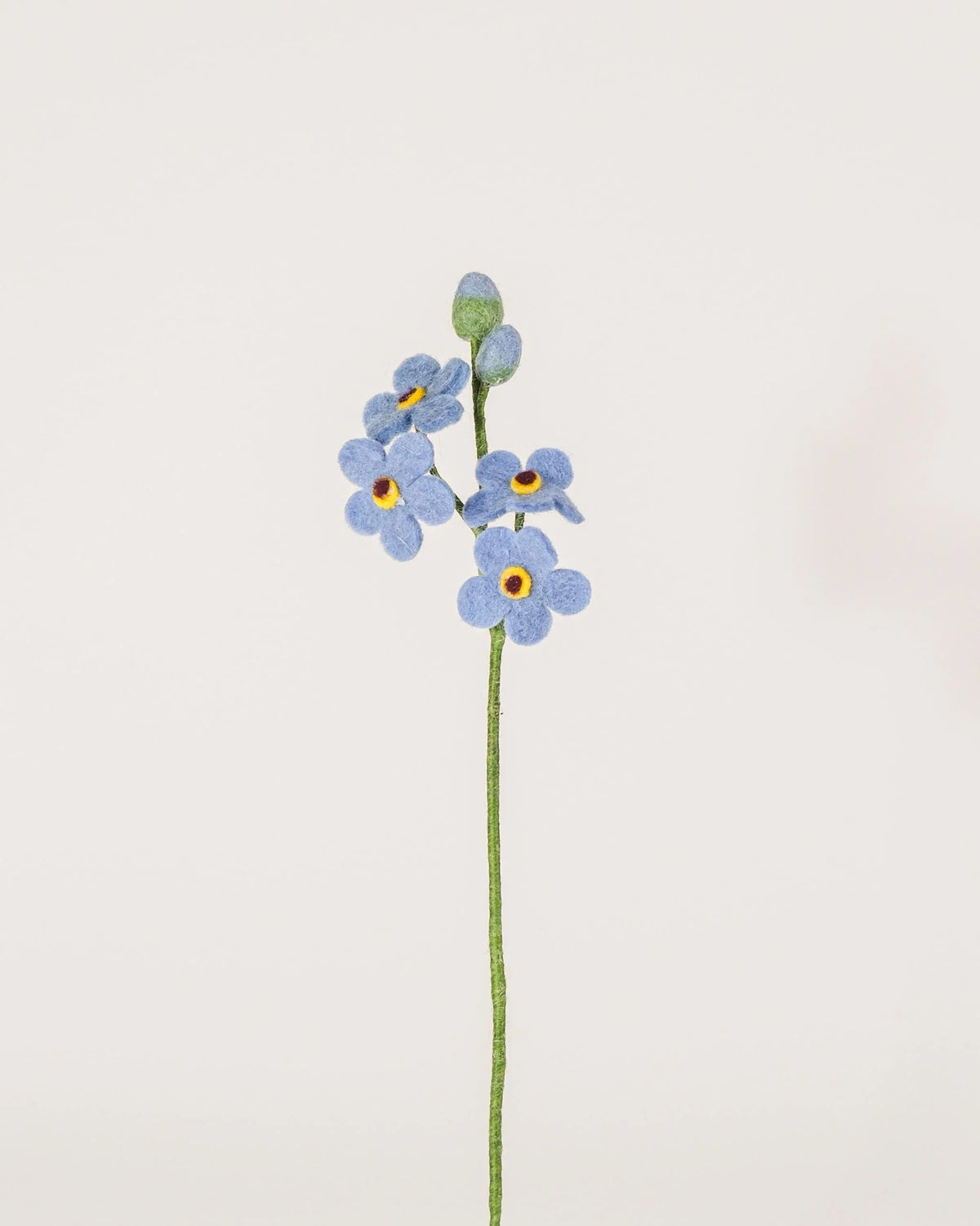 Photo d'un myosotis en feutrine sur un fond blanc.