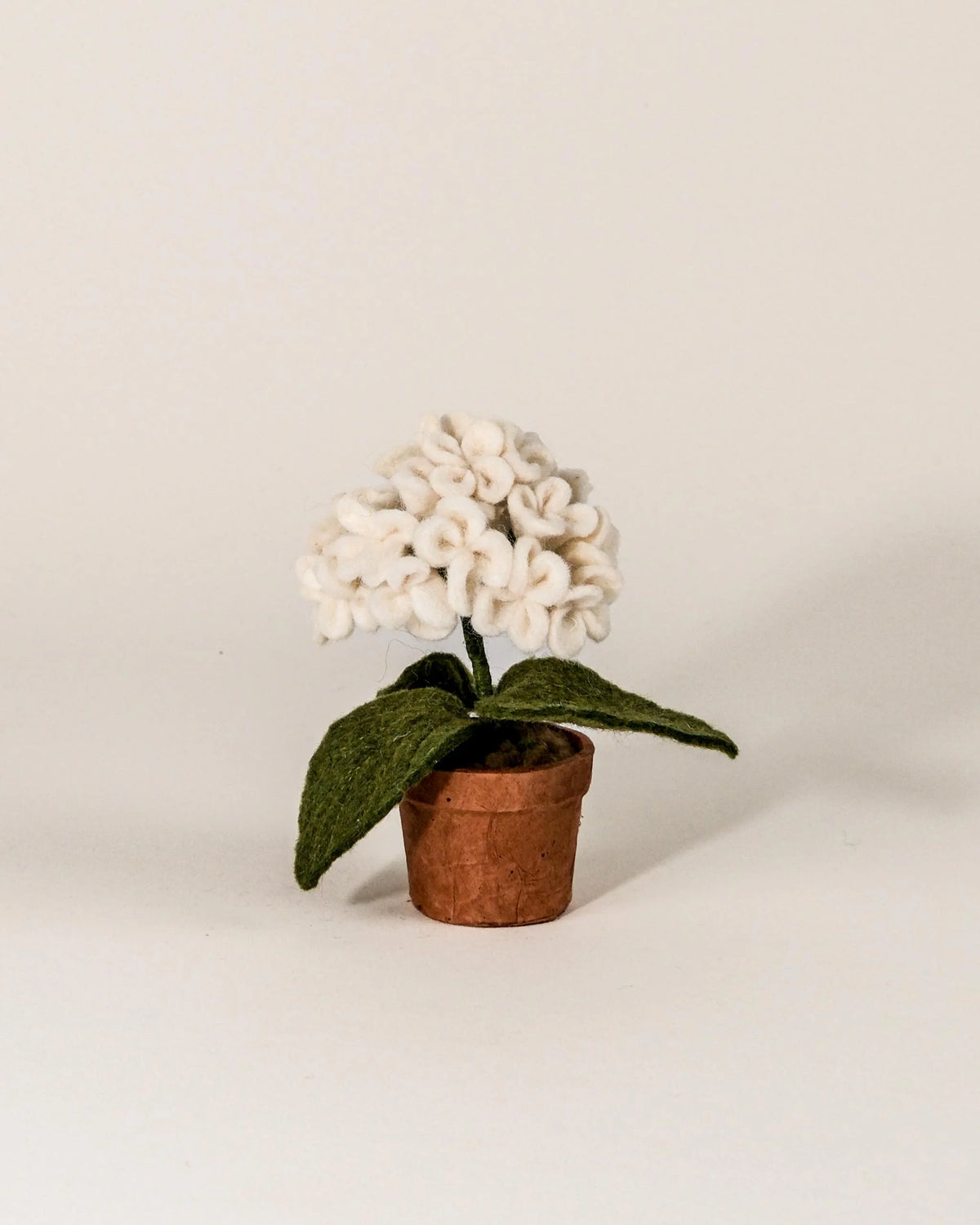 Petite hortensia en feutrine dans un pot sur fond blanc.