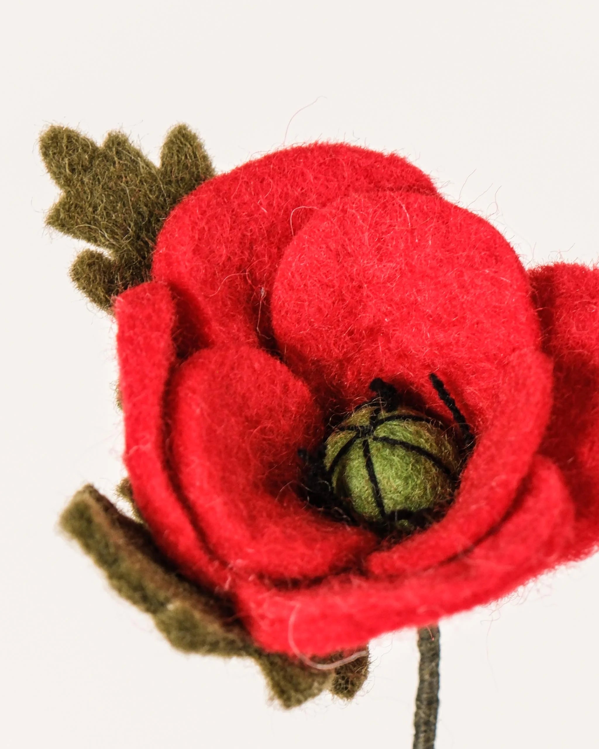 Photo zoom d'un coquelicot en feutrine sur un fond blanc.