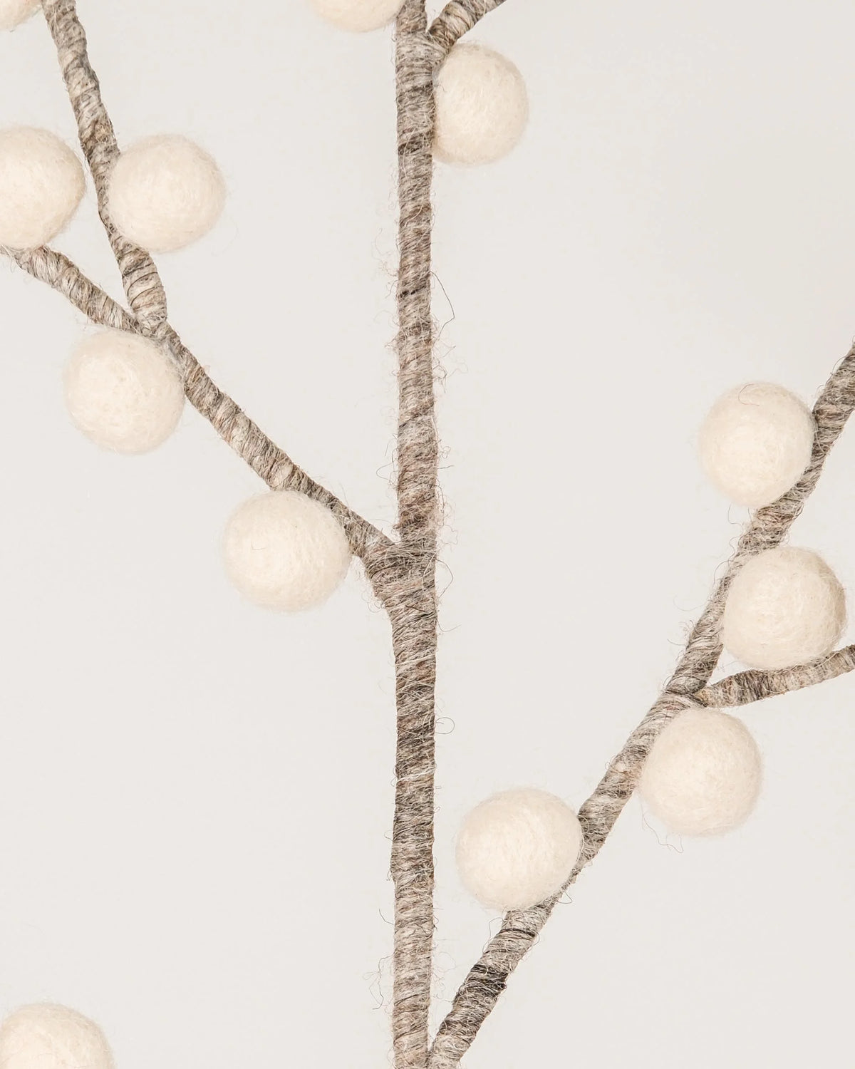 Photo zoom d'une branche de baie blanche en feutrine sur un fond blanc.