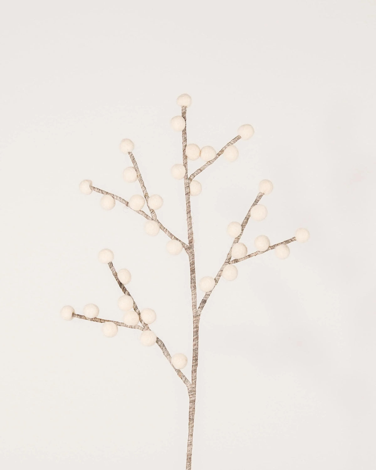 Photo d'une branche de baie blanche en feutrine sur un fond blanc.