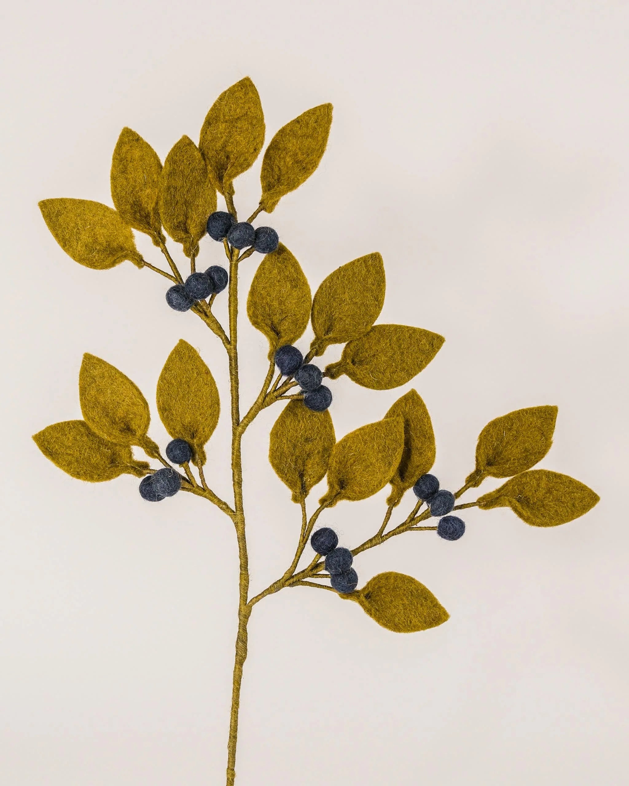 Photo d'une branche de myrtille en feutrine sur un fond blanc.