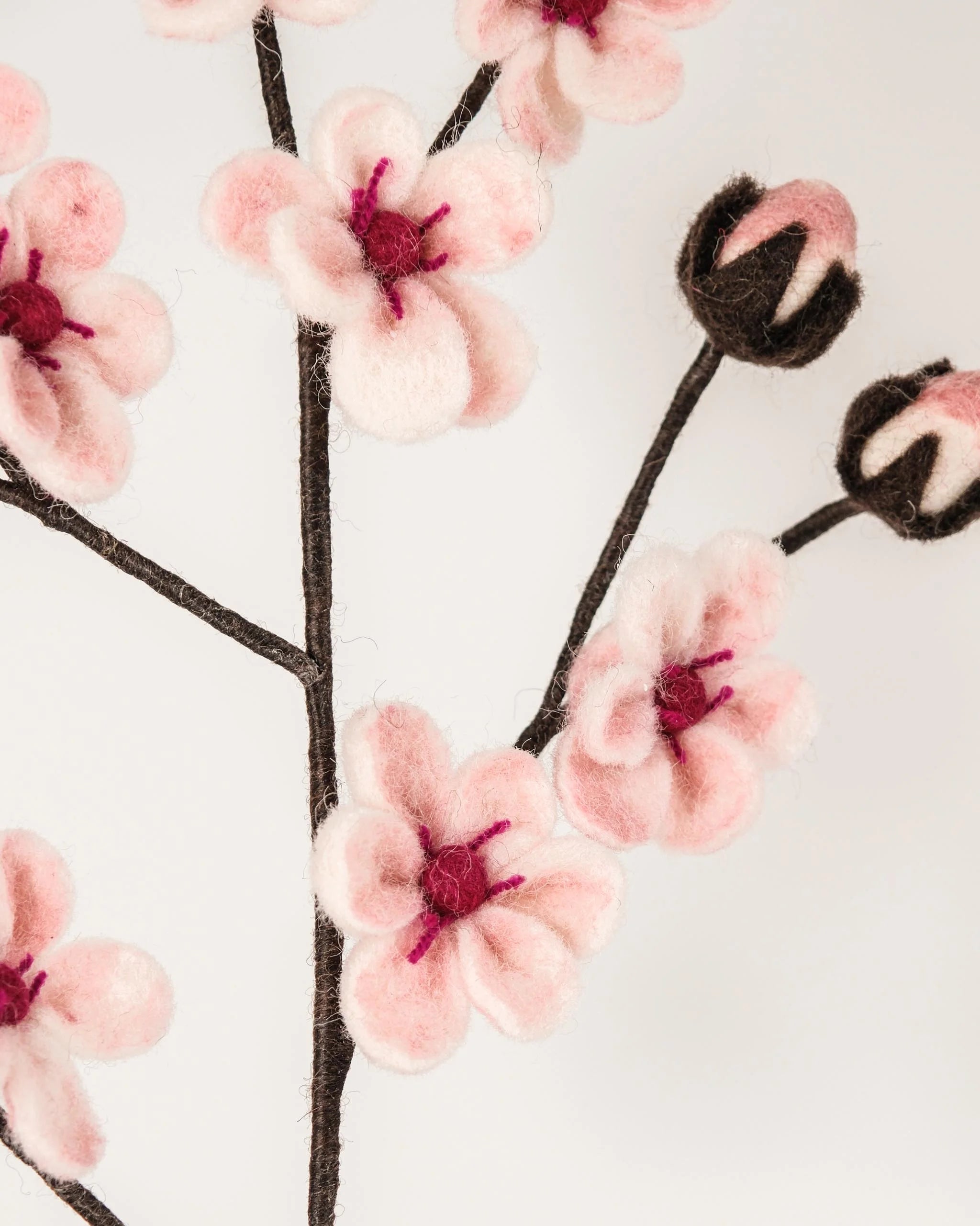 Photo zoom d'une branche de fleurs de cerisier en feutrine sur un fond blanc.