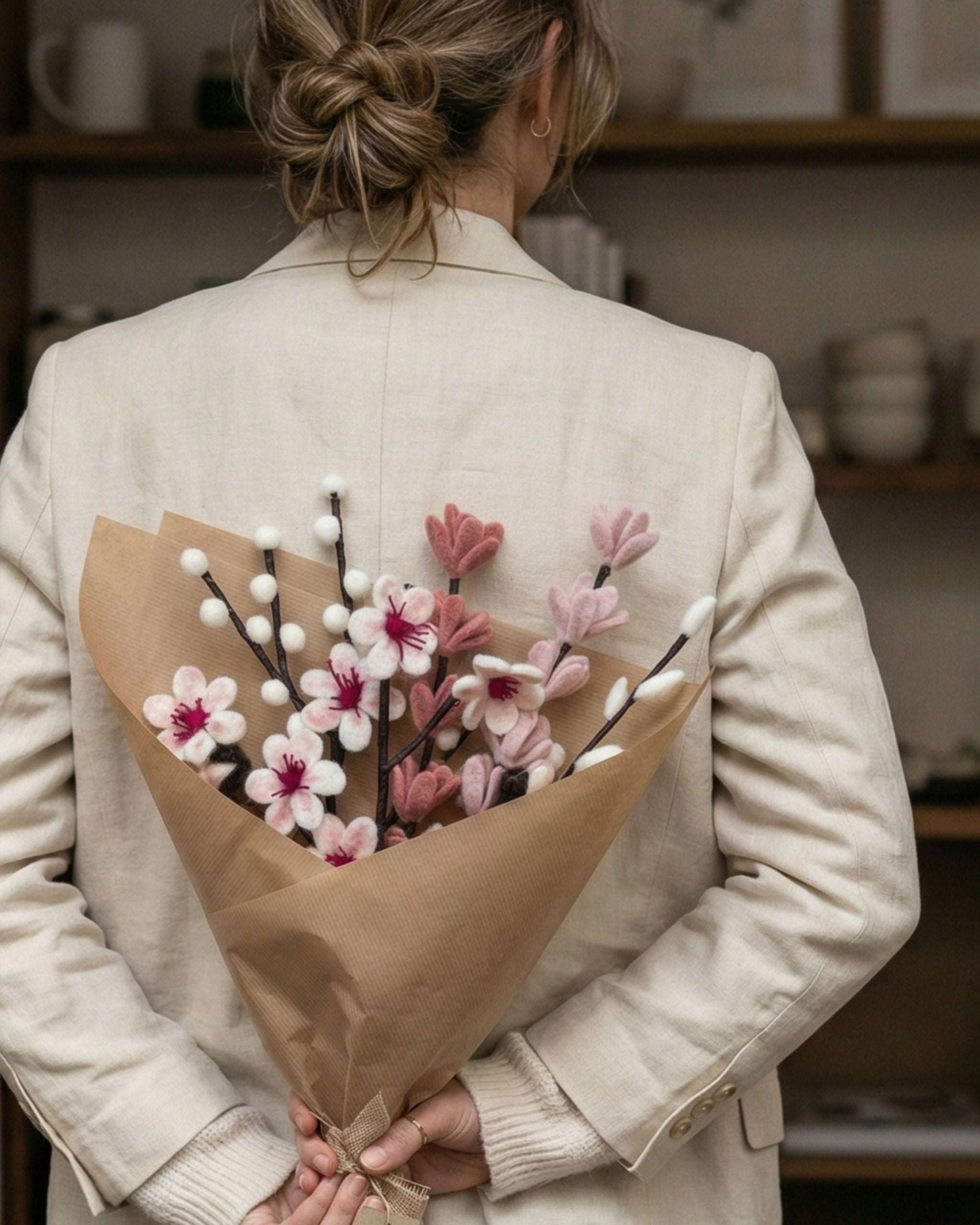Bouquet avec des fleurs de cerisier dans les mains d'une femme.