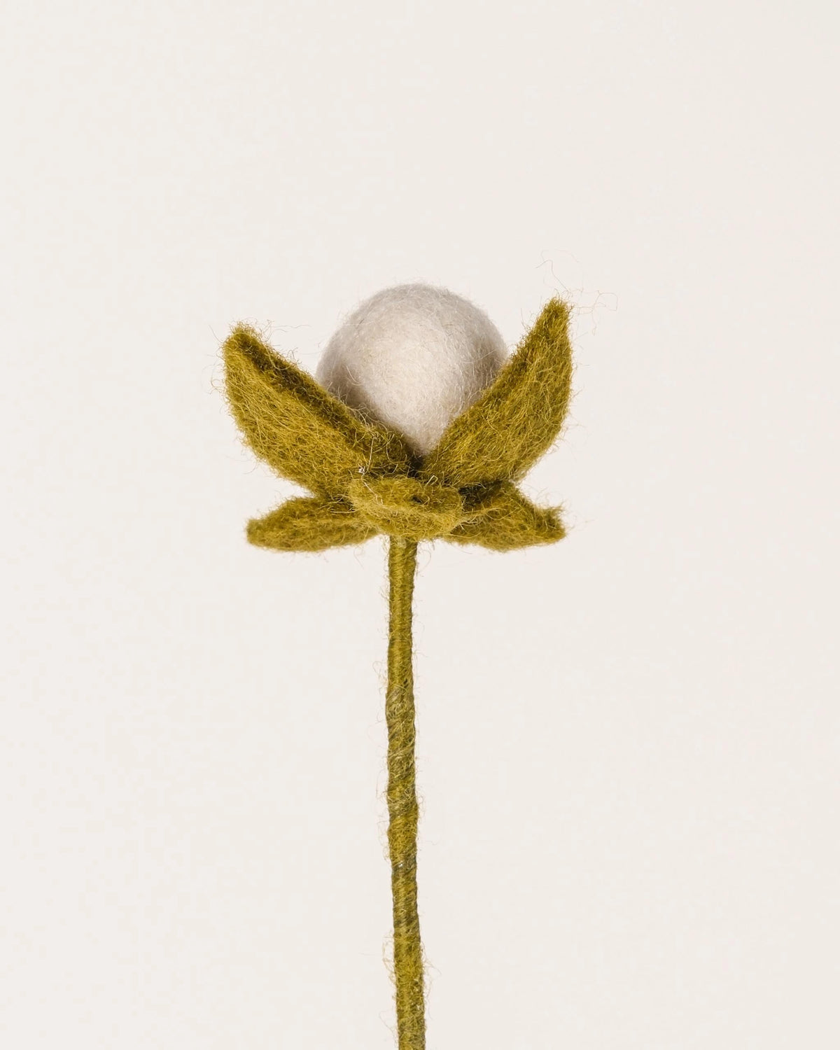 Bouton de rose blanc en feutrine sur un fond blanc.