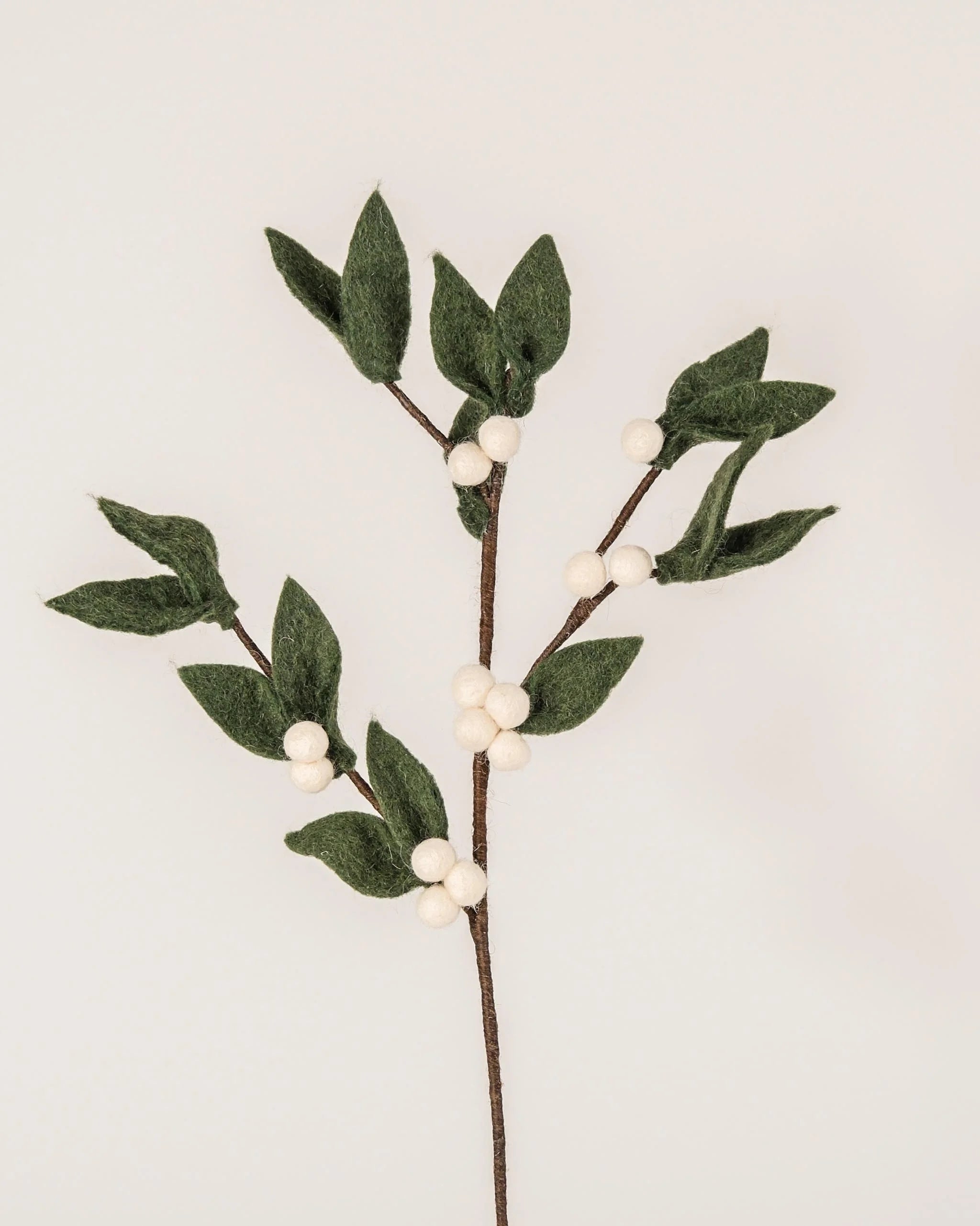 Photo d'une branche de gui en feutrine sur un fond blanc style photo packshot.