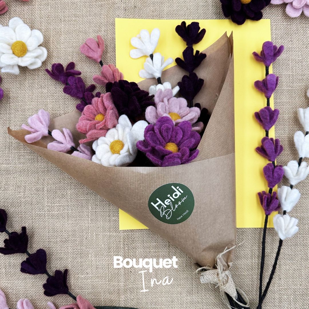 Bouquet de fleurs artisanales Nuance de Printemps Ina New Heidi emballé dans du papier kraft recyclé.