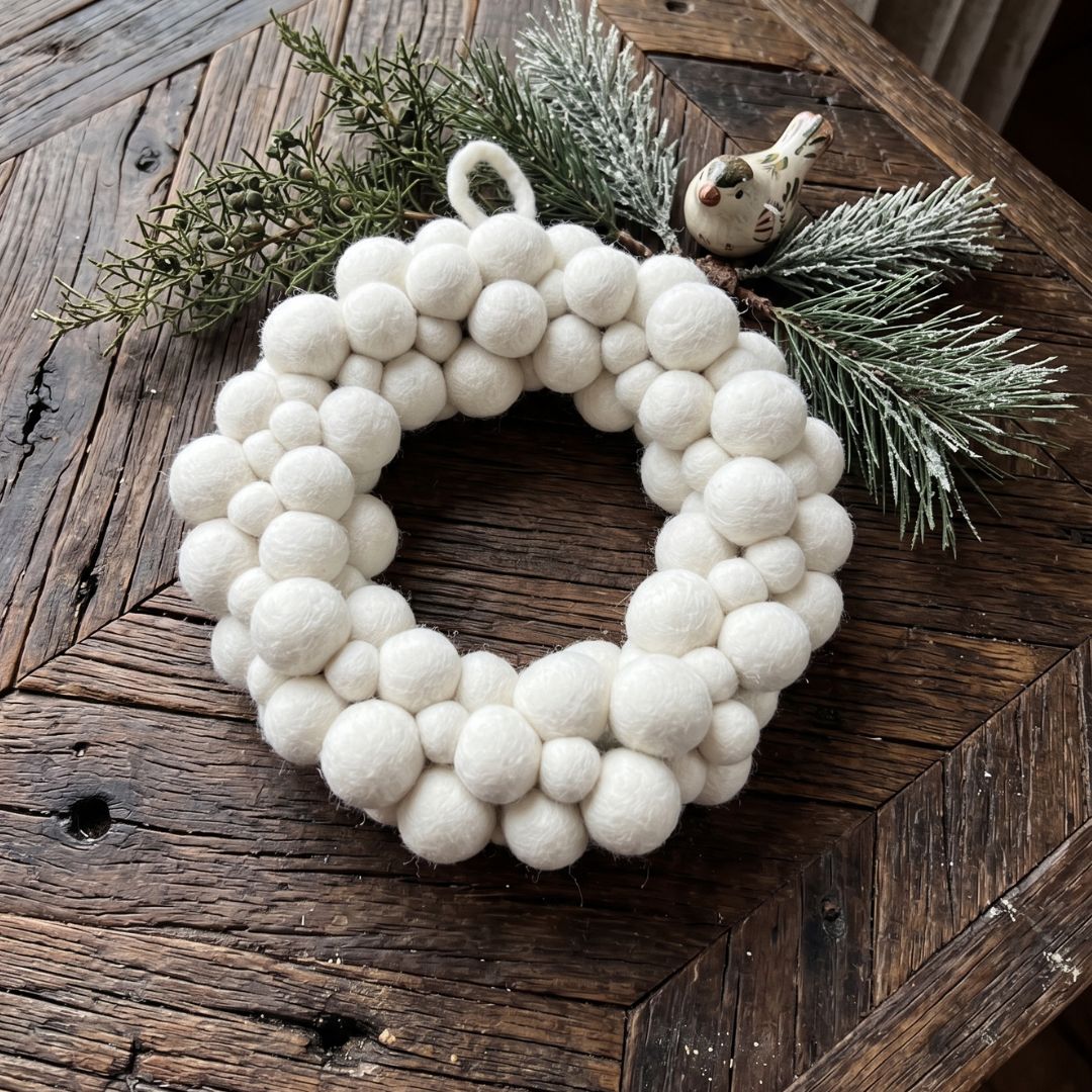 Couronne en feutrine blanche New Heidi posée à plat en décoration de table de fête d'inspiration scandinave.