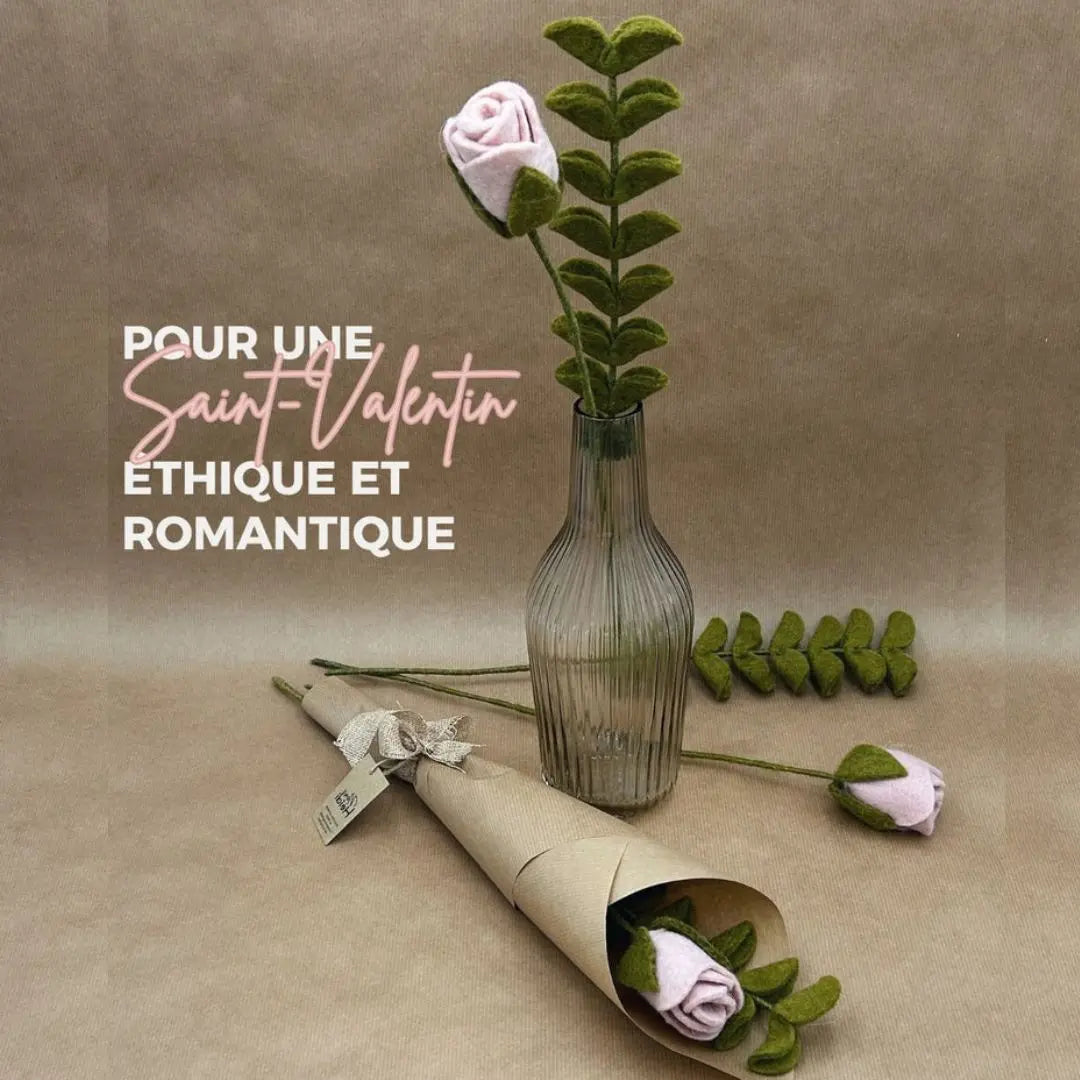 Présentation du bouquet rose rose et eucalyptus New Heidi avec message Saint-Valentin éthique et romantique.