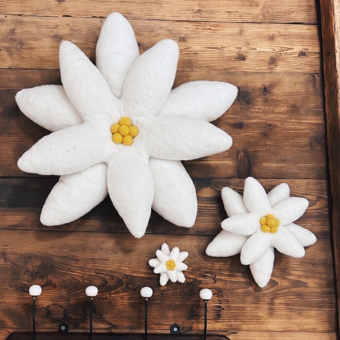 Trois tailles de fleurs d'edelweiss en feutrine blanche New Heidi fixées sur un panneau mural en bois brut.