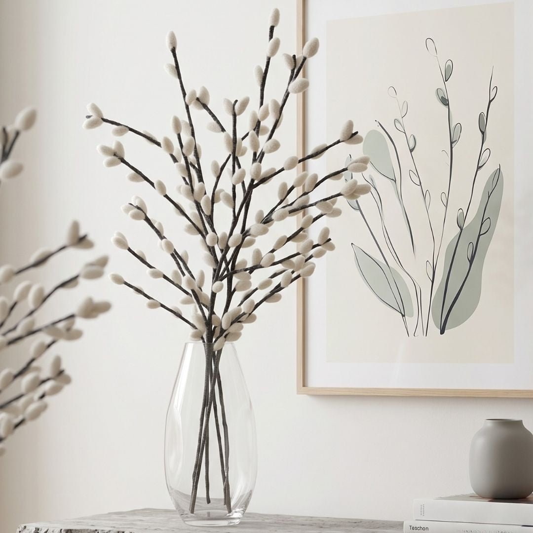 Longues branches de géant chaton de saule de 62cm en feutrine marron New Heidi disposées dans un vase en verre transparent à côté d'un cadre mural.