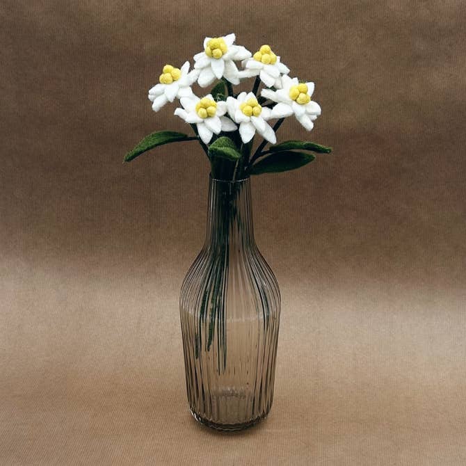 Lot de 3 fleurs edelweiss en feutrine blanche artisanale New Heidi présentées dans un vase strié.