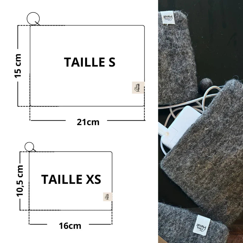 Guide des dimensions pour pochettes New Heidi : Taille S 21x15 cm et Taille XS 16x10,5 cm.